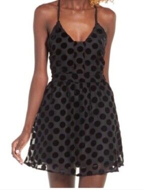 Anthropologie J.O.A. Black Velvet Polka Dot Mini Dress, Size Medium